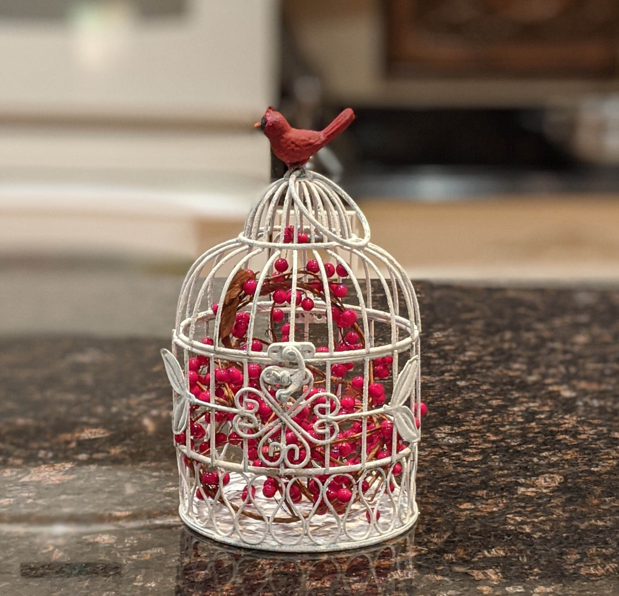 Shabby Chic Painted White Birdcage w/ Red Cardinal and Winterberry