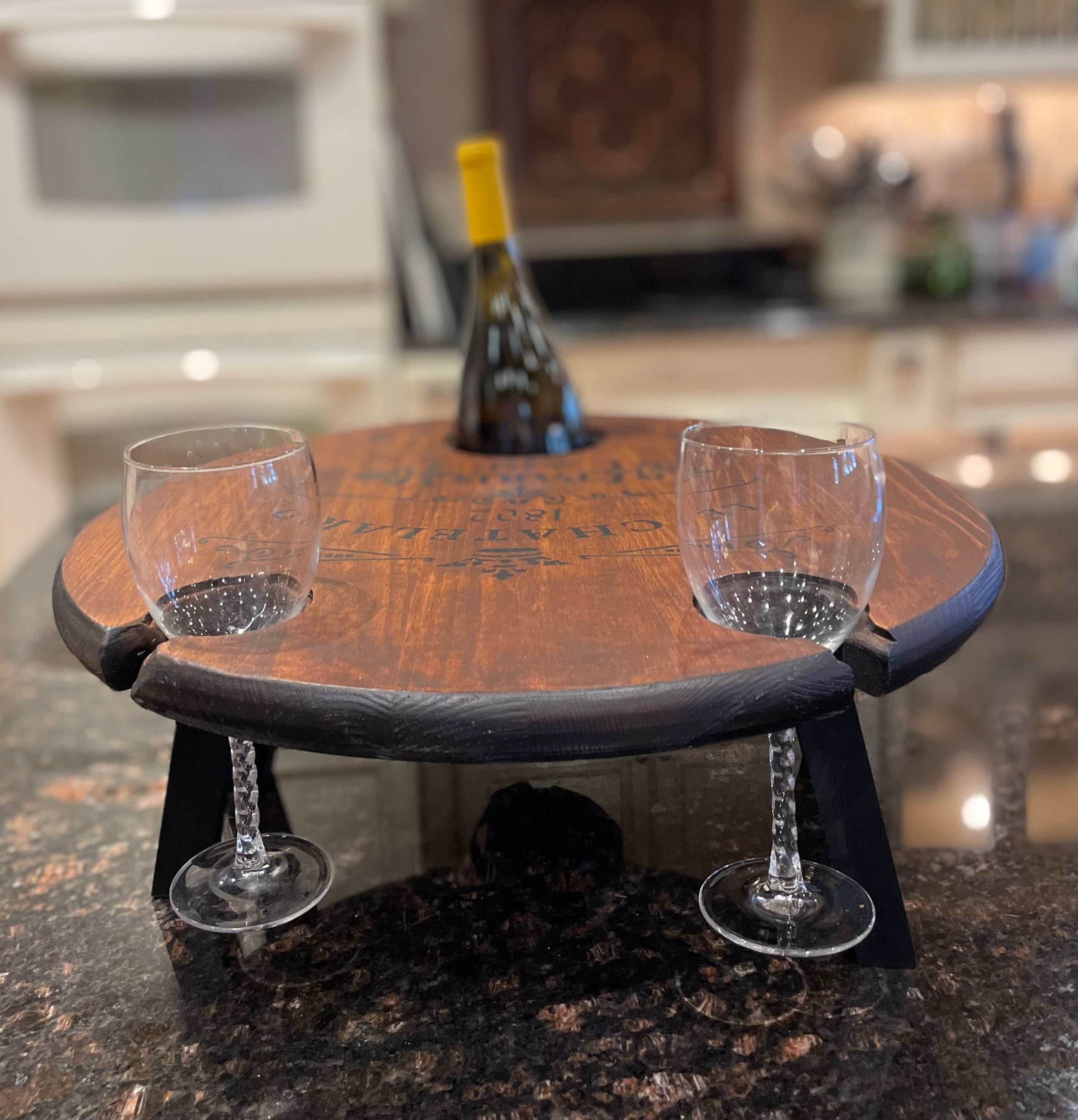 Cheese board table online with wine glass holder